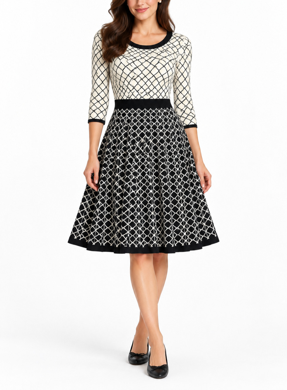 Danny & Nicole Black Ivory Geometric Knit Fit/Flare Sweater Dress M 3/4 Sleeve